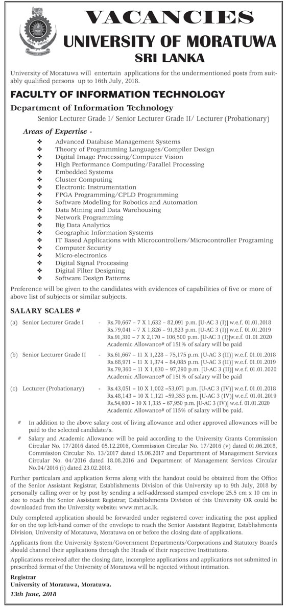 Senior Lecturer, Lecturer - University of Moratuwa